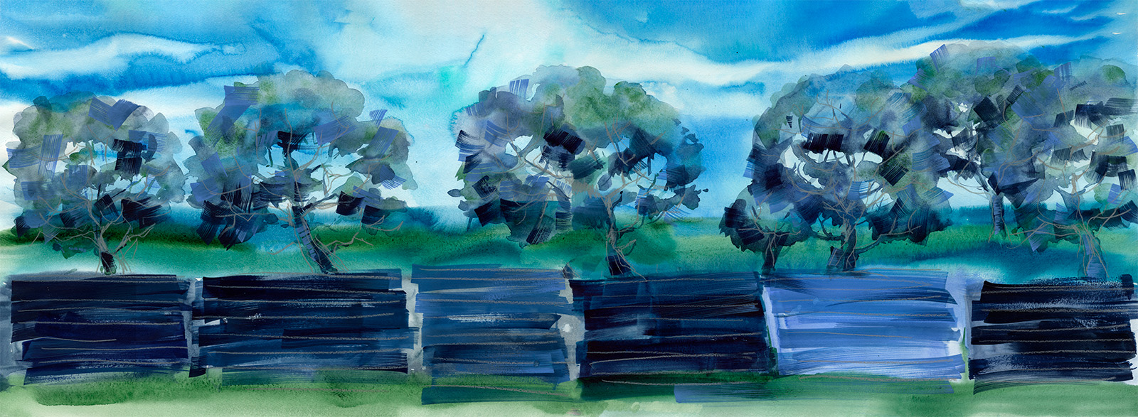 Бесшовные обои LUNARIA «Яблоневый сад» – синие