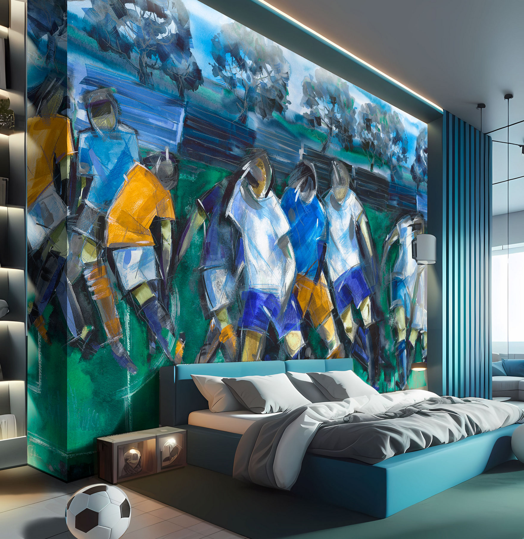 Дизайнерские детские обои LUNARIA «Футболисты» – синие интерьеры