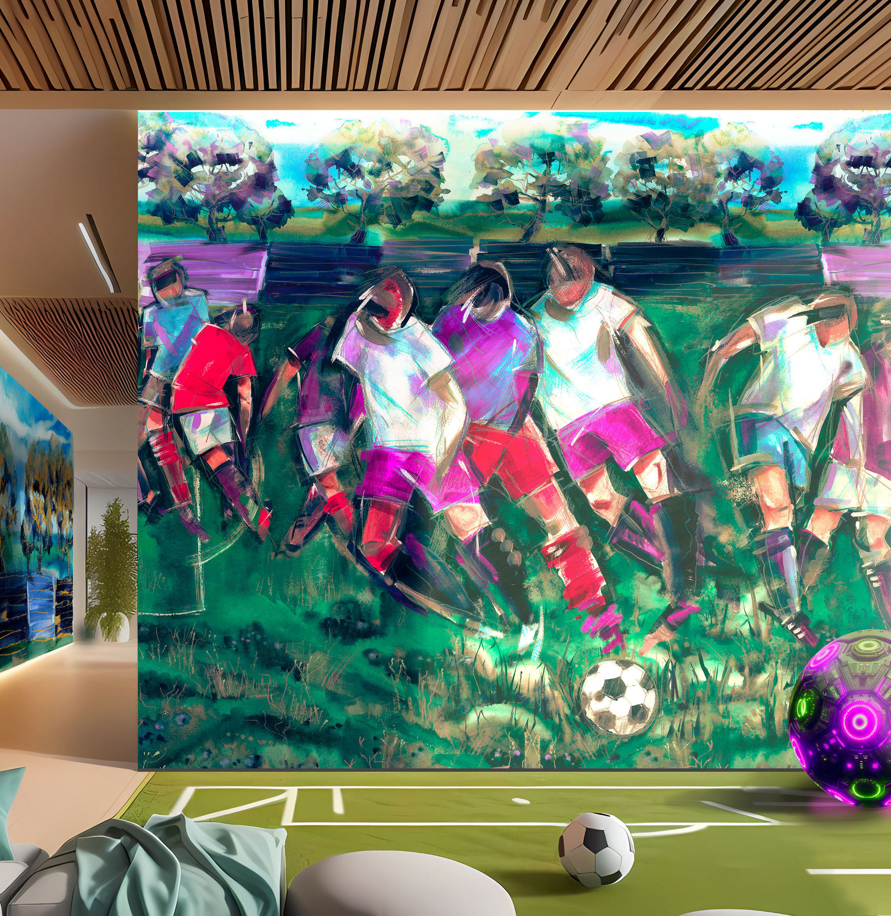 Дизайнерские детские обои LUNARIA «Футболисты» – фиолетовые интерьеры