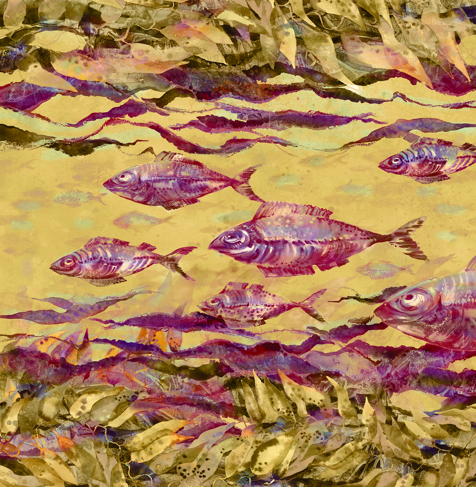 Бесшовные обои LUNARIA «Рыбы» – желтые